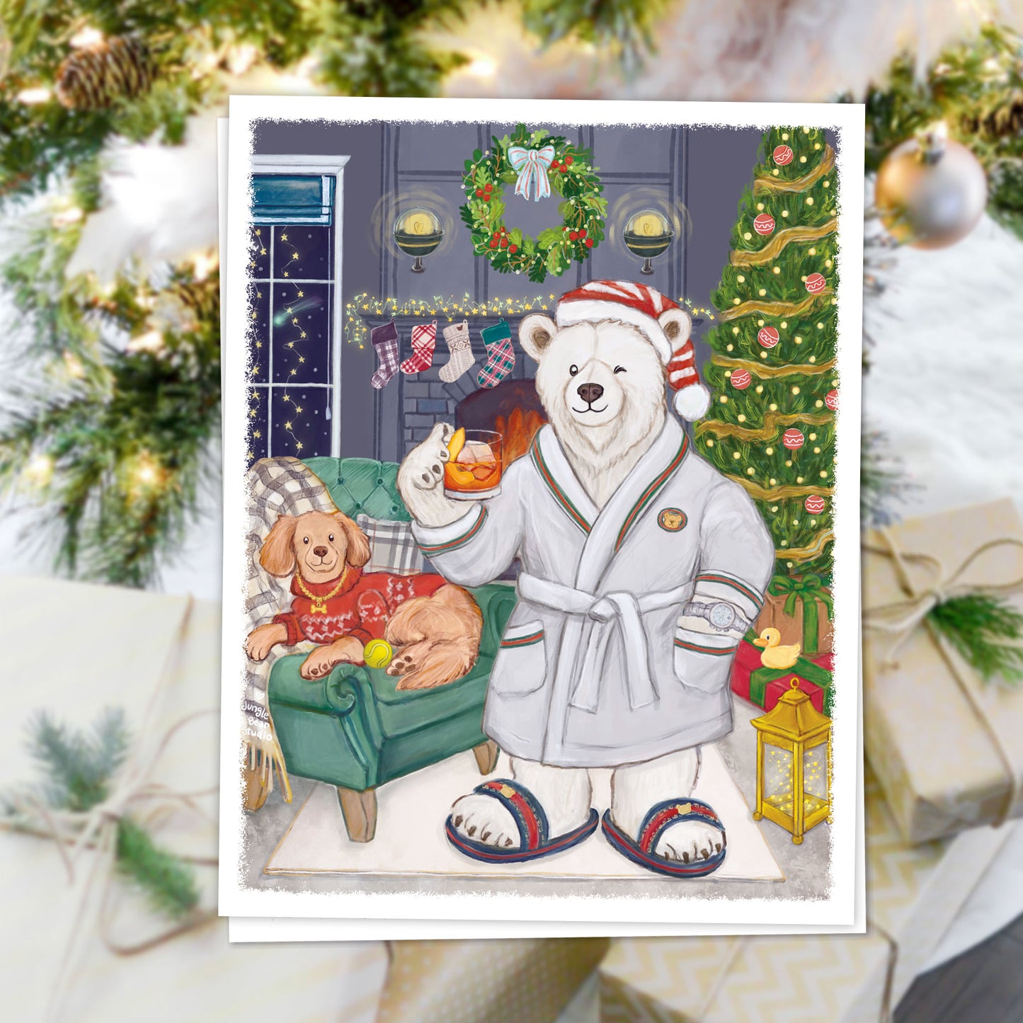 A colorful illustration of a polar bear in a plush robe, designer slippers, and a festive hat holding an old-fashioned cocktail. Behind him a roaring fireplace and lit Christmas tree. A dog in a chic red sweater lounges on a chair completes the scene