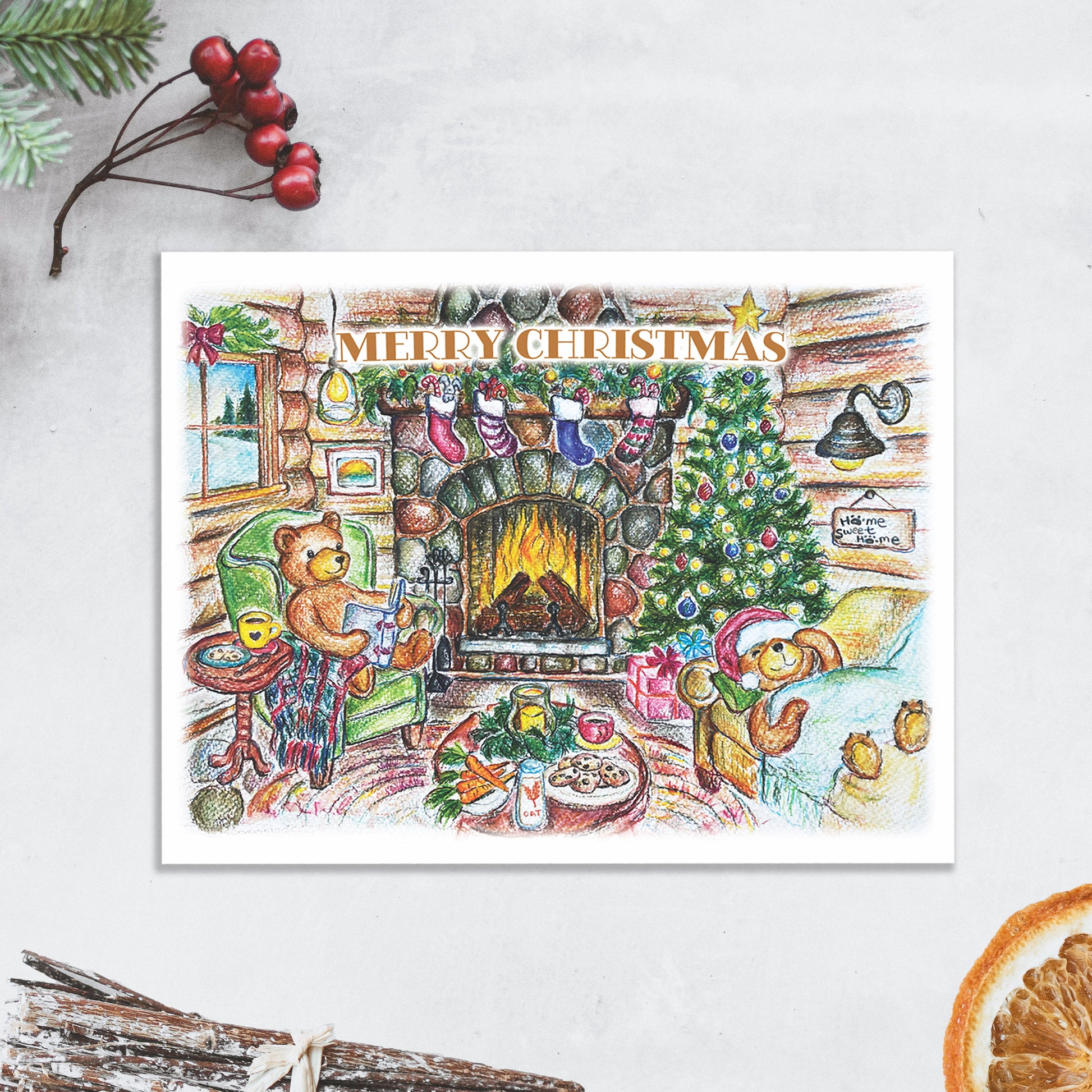 A Christmas card with 2 bears in a log cabin. One is reading, the other in a santa hat is napping. The fireplace is glowing, the tree is lit. Stockings are stuffed. On the table are cookies, oat milk, carrots and a candle light. A sign says "Home sweet Home". The text reads: Merry Christmas!