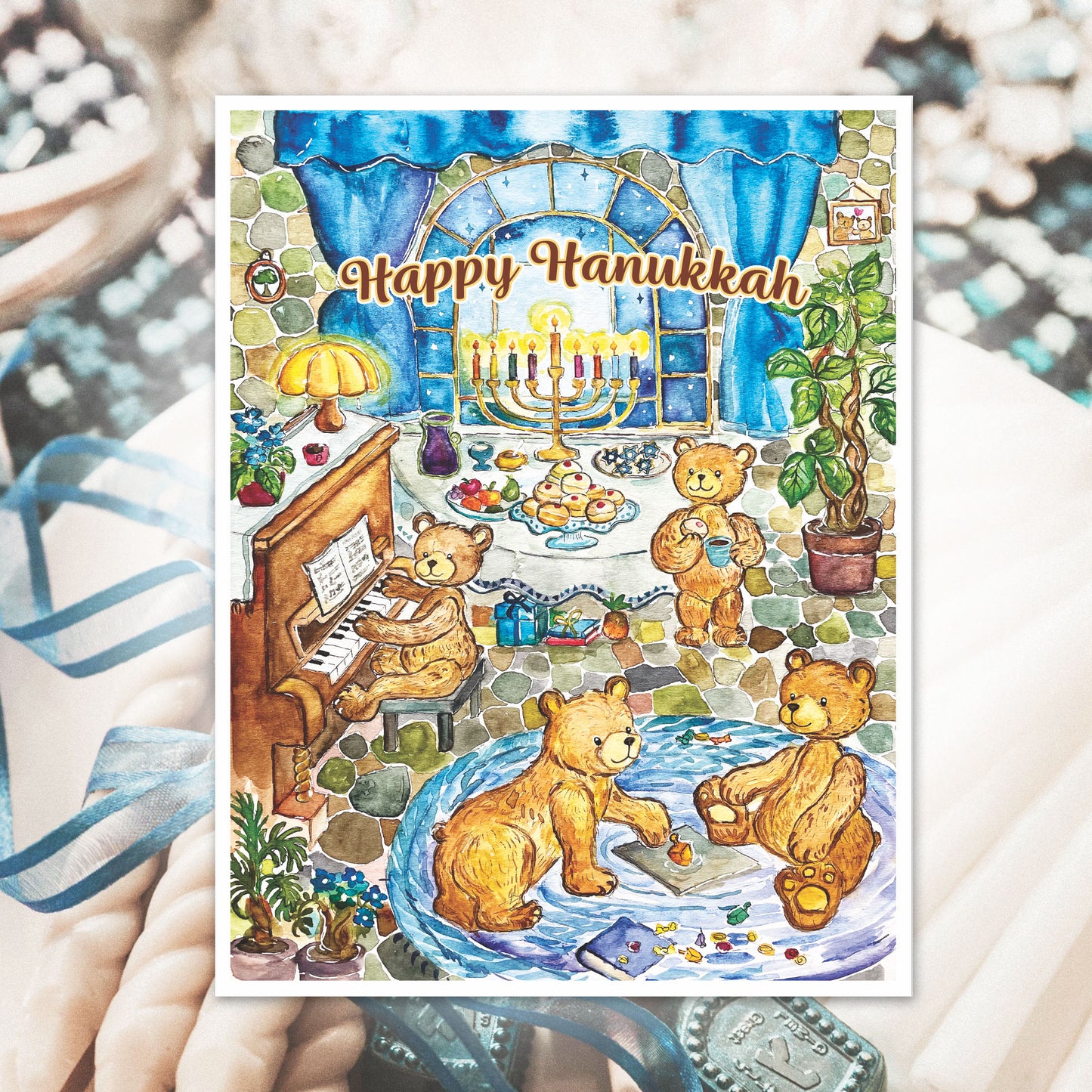 Happy Hanukkah Bears Card - Hand Trimmed